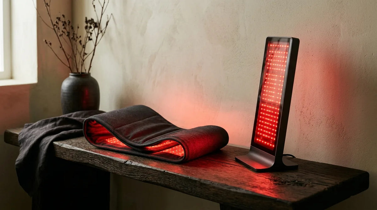 Illustration comparative d’une ceinture LED souple et d’un panneau de lumière rouge rigide.