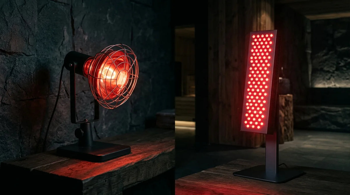 Illustration comparative d’une lampe infrarouge chauffante et d’un panneau LED rouge sur leurs supports.