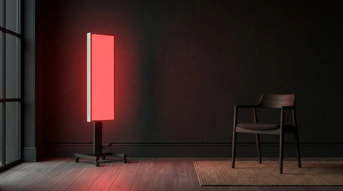 Illustration d’un espace bien-être à domicile avec panneau de lumière rouge générique sur roulettes et chaise