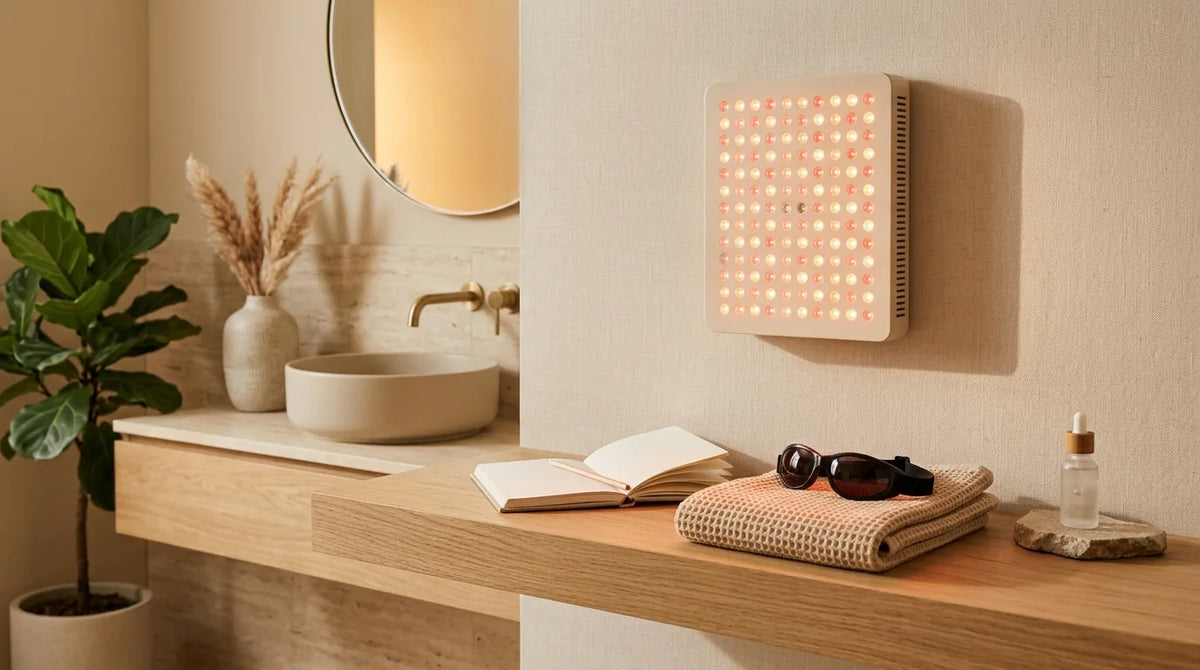 Panneau de photobiomodulation Ora Light dans une salle de bain calme pour une routine peau sensible