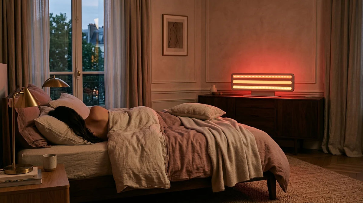 Ambiance de chambre au crépuscule avec panneau de photobiomodulation rouge en arrière-plan