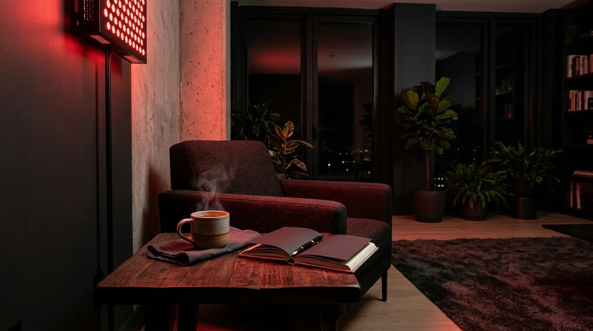 Ambiance calme avec lumière rouge douce pour illustrer la photobiomodulation et le stress