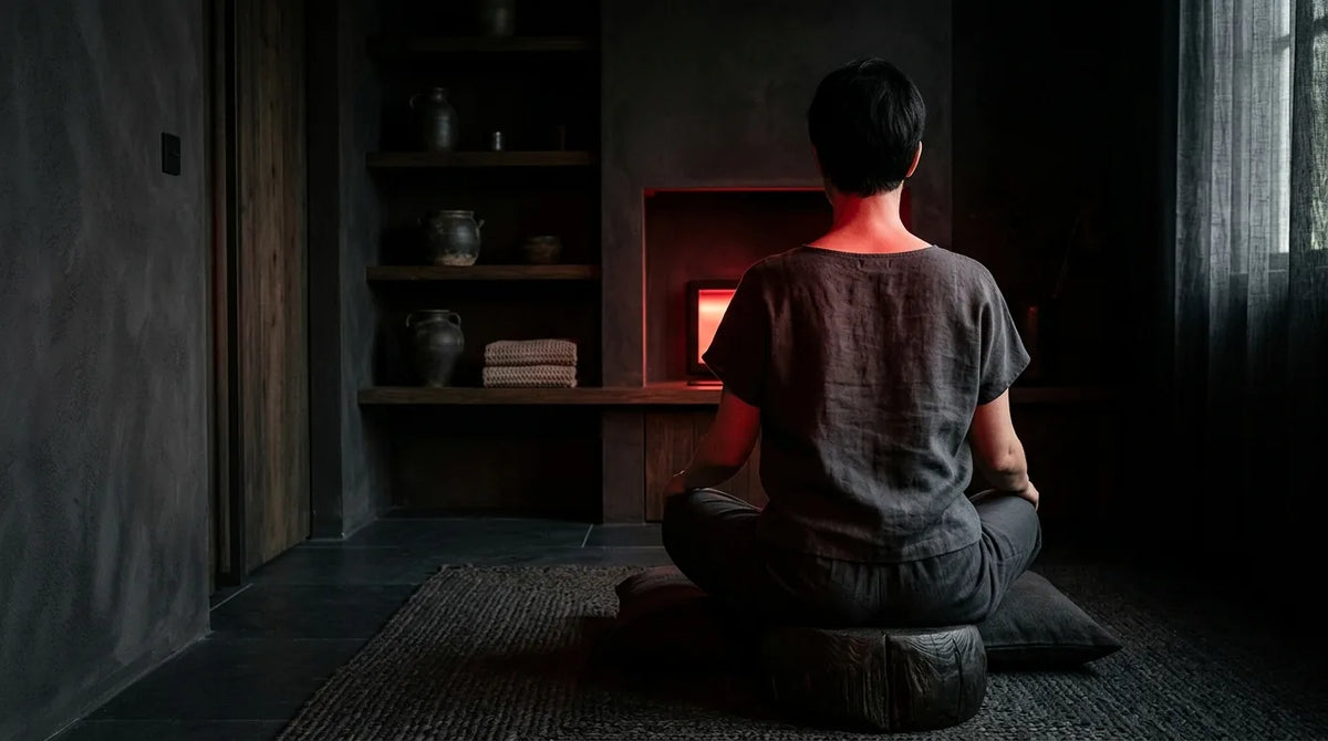 Personne vue de dos dans une ambiance de lumière rouge douce près de la nuque